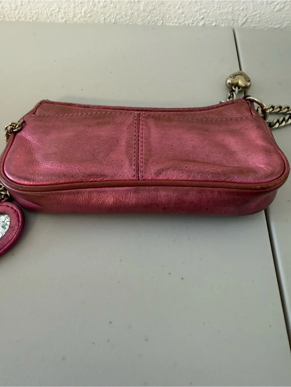 Juicy Couture Y2K Pink Metallic Leather Wristlet Clutch Heart Mirror Charm